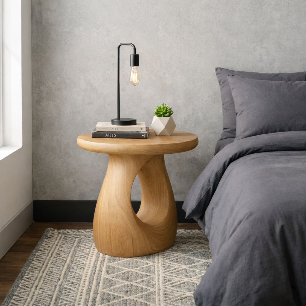 Solid Wood Round Nightstand – Sculptural Modern Bedside Table with Natural Wood Grain