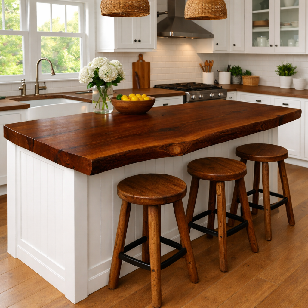 Solid Wood Kitchen Countertop – Live Edge Island Top with Bar Seating