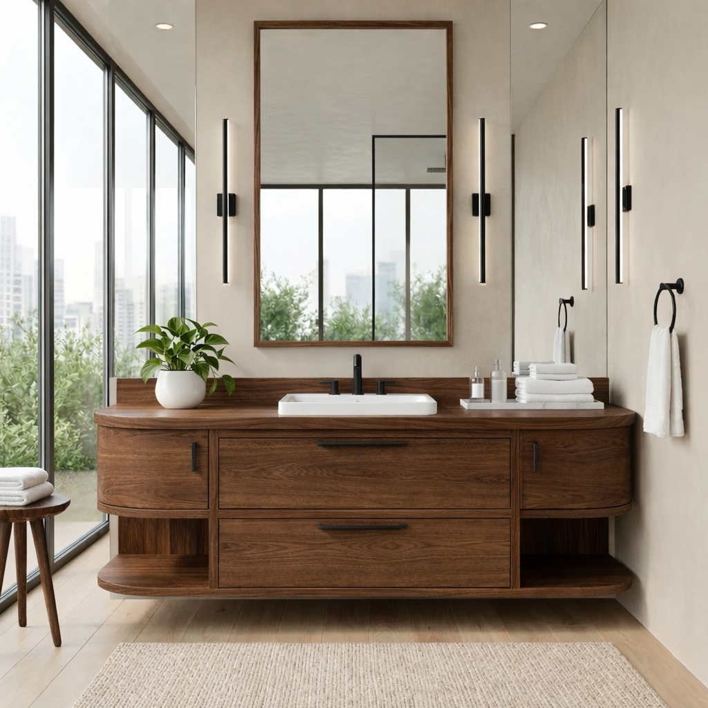 Handcrafted Floating Vanity with Open Shelving - Solid Wood Curved Bathroom Cabinet