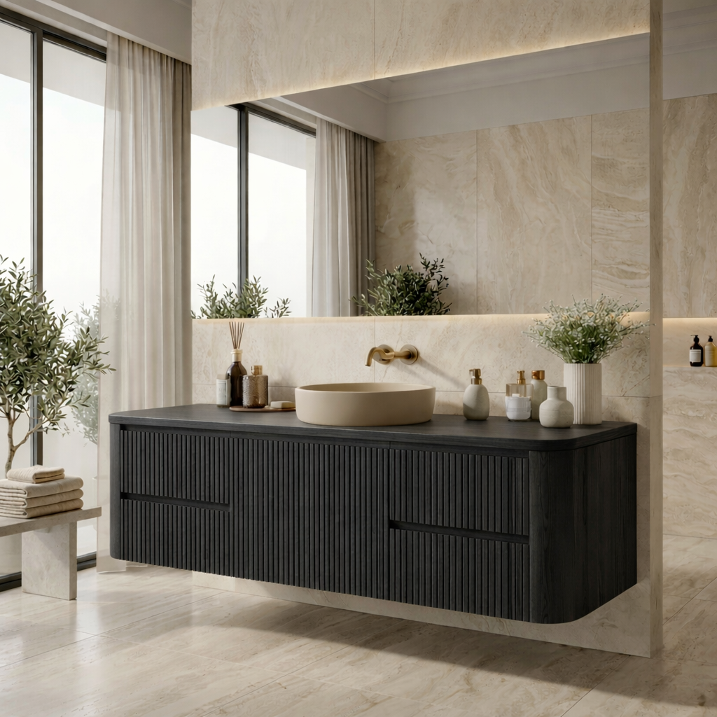 Floating Bathroom Vanity with Ribbed Design and Spacious Drawers – Handcrafted Solid Wood