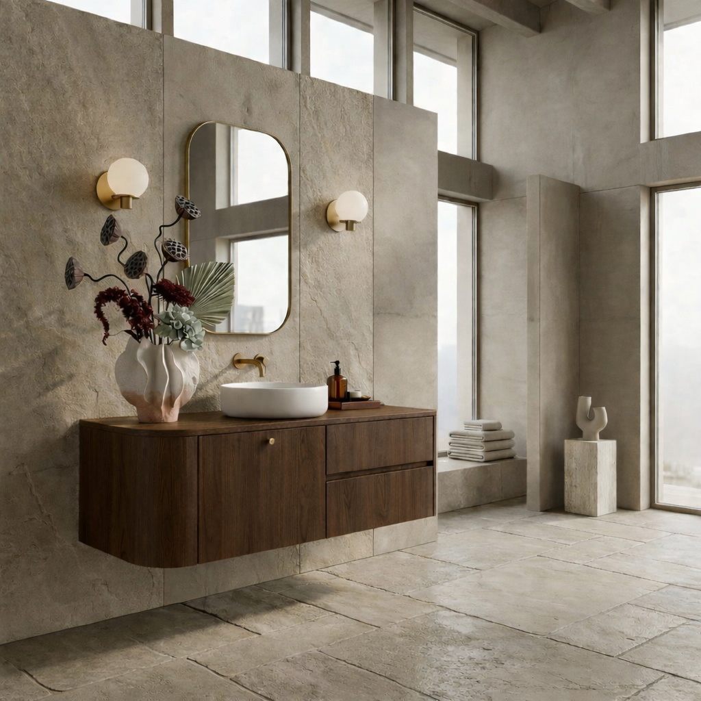 Floating Bathroom Vanity with Curved Edges and Spacious Drawers – Handcrafted Solid Wood Design