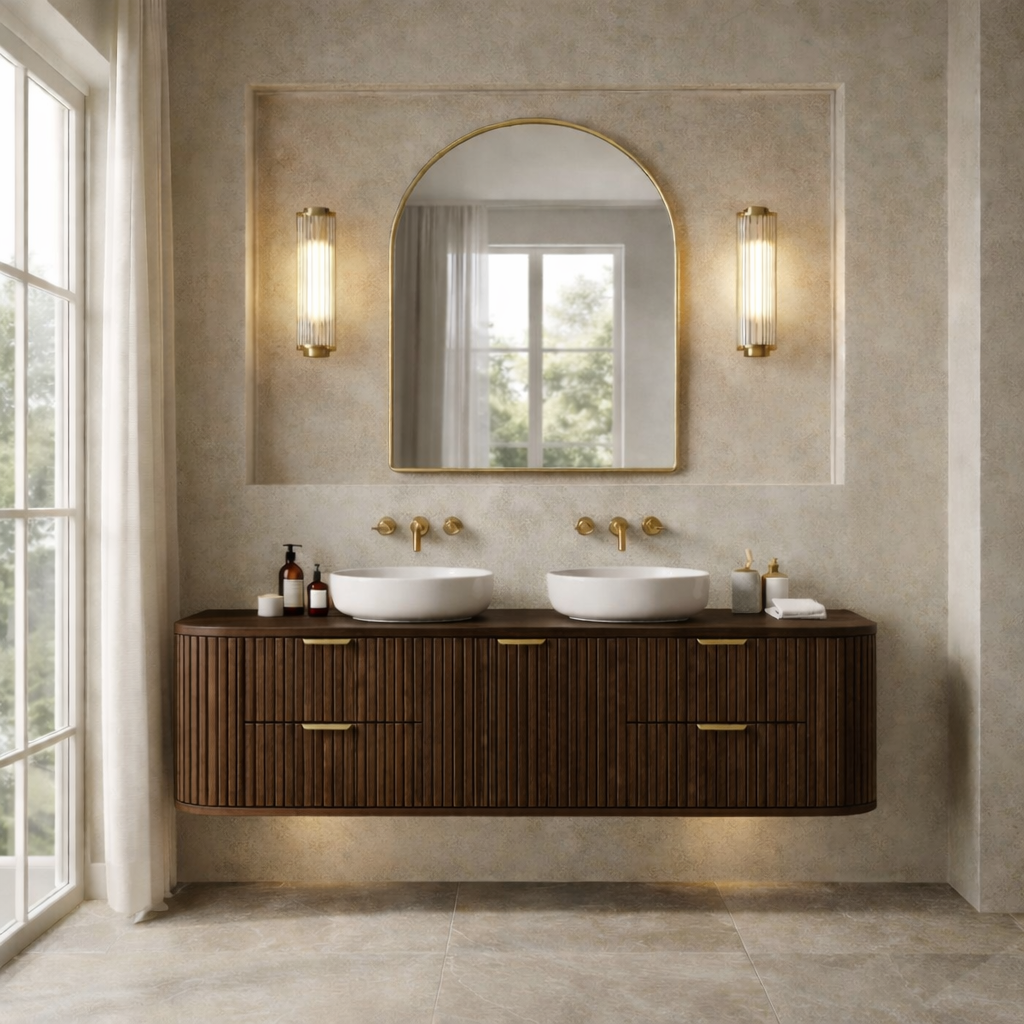 Handcrafted Floating Bathroom Vanity with Fluted Drawers – Elegant Wooden Design