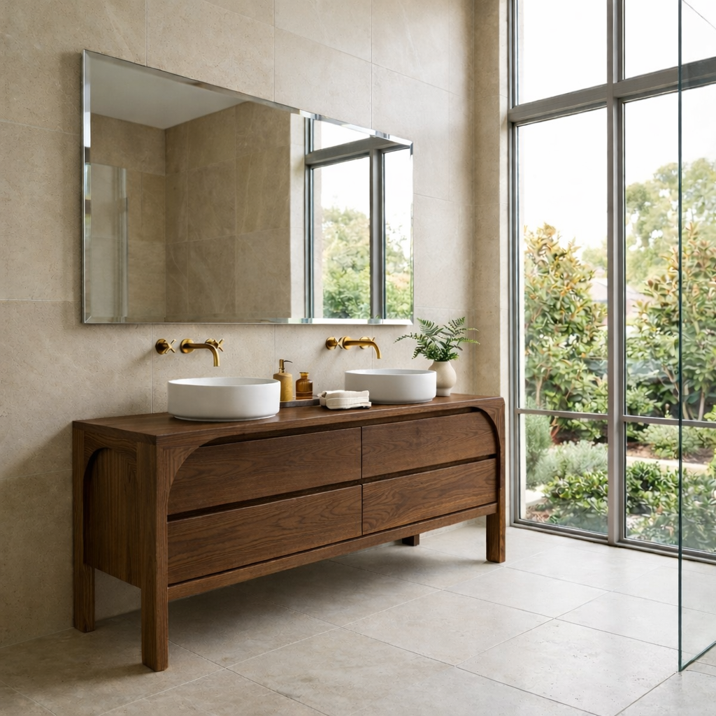 Solid Wood Modern Double Sink Bathroom Vanity with Curved Edge Frame & 4 Drawers