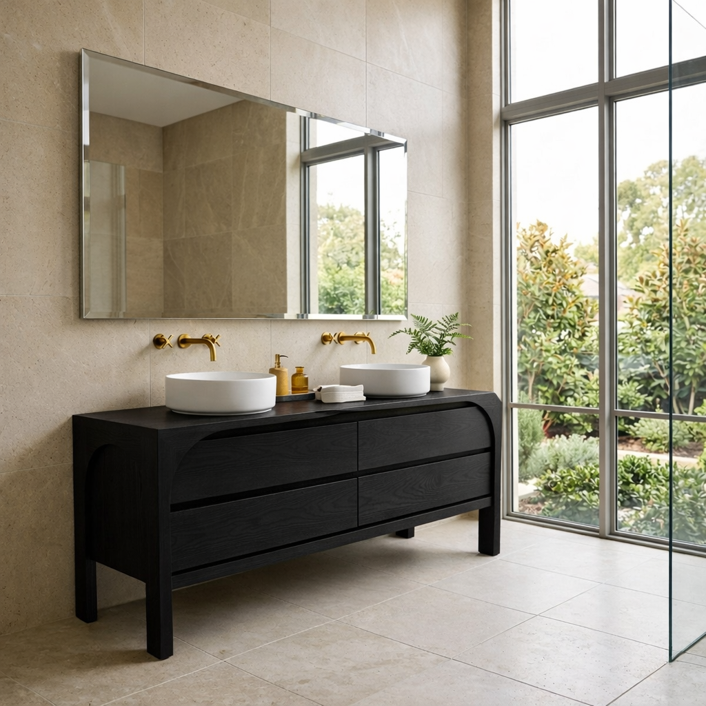 Solid Wood Modern Double Sink Bathroom Vanity with Curved Edge Frame & 4 Drawers