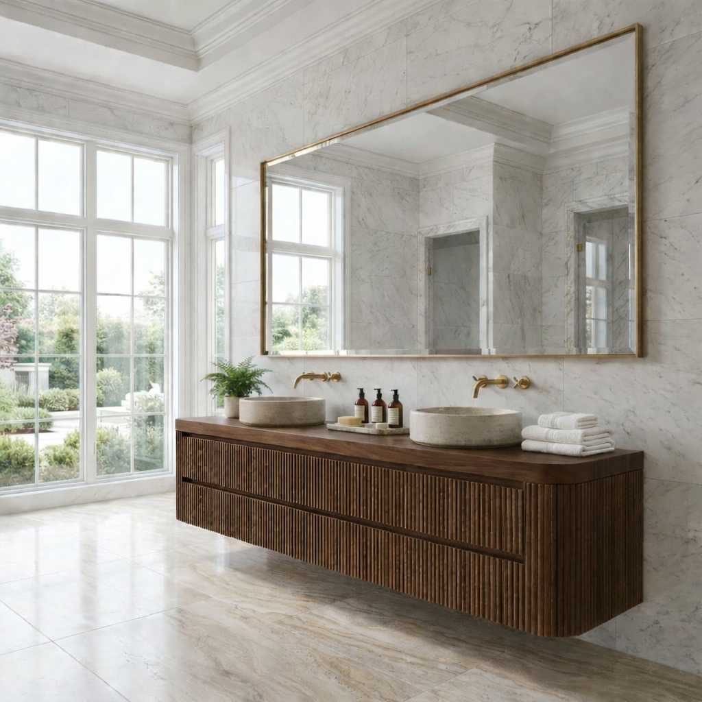 Floating Double Sink Bathroom Vanity with Fluted Front Drawers – Modern Solid Wood