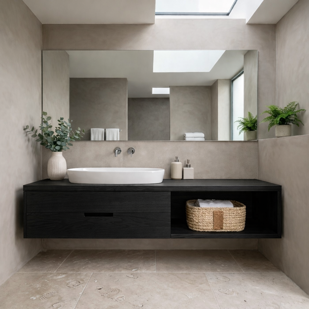 Handcrafted Floating Vanity with Open Cubby - Solid Wood Modern Minimalist Bathroom Cabinet