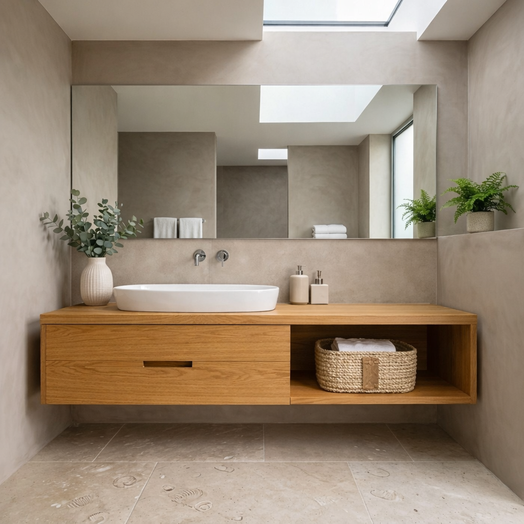 Handcrafted Floating Vanity with Open Cubby - Solid Wood Modern Minimalist Bathroom Cabinet