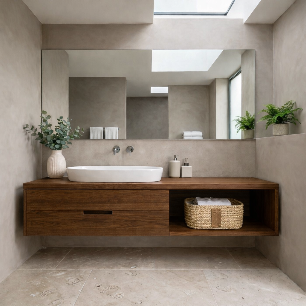 Handcrafted Floating Vanity with Open Cubby - Solid Wood Modern Minimalist Bathroom Cabinet
