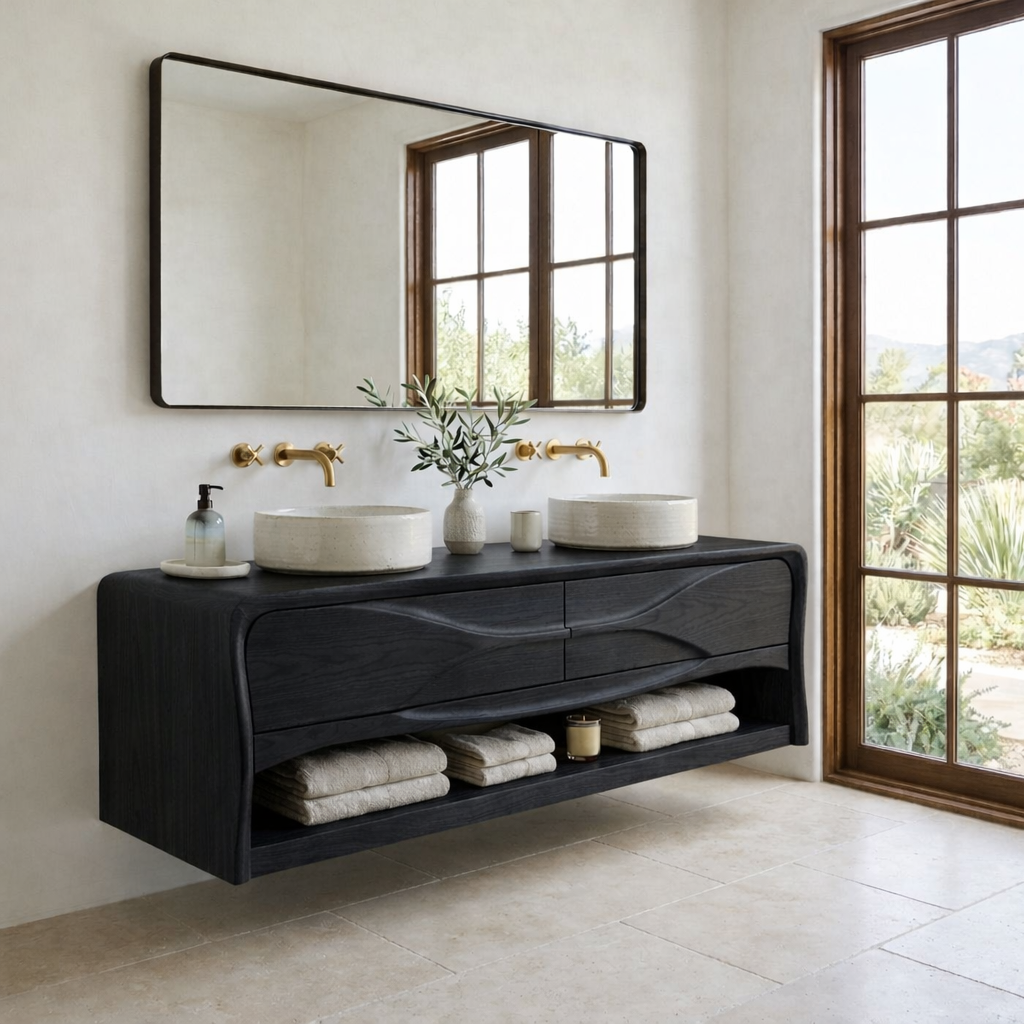 Handcrafted Wave Design Floating Vanity - Solid Wood Sculptural Mid-Century Bathroom Cabinet