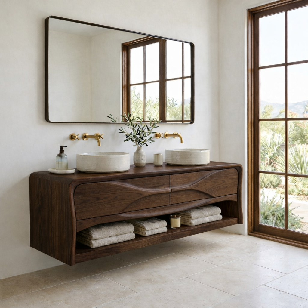 Handcrafted Wave Design Floating Vanity - Solid Wood Sculptural Mid-Century Bathroom Cabinet