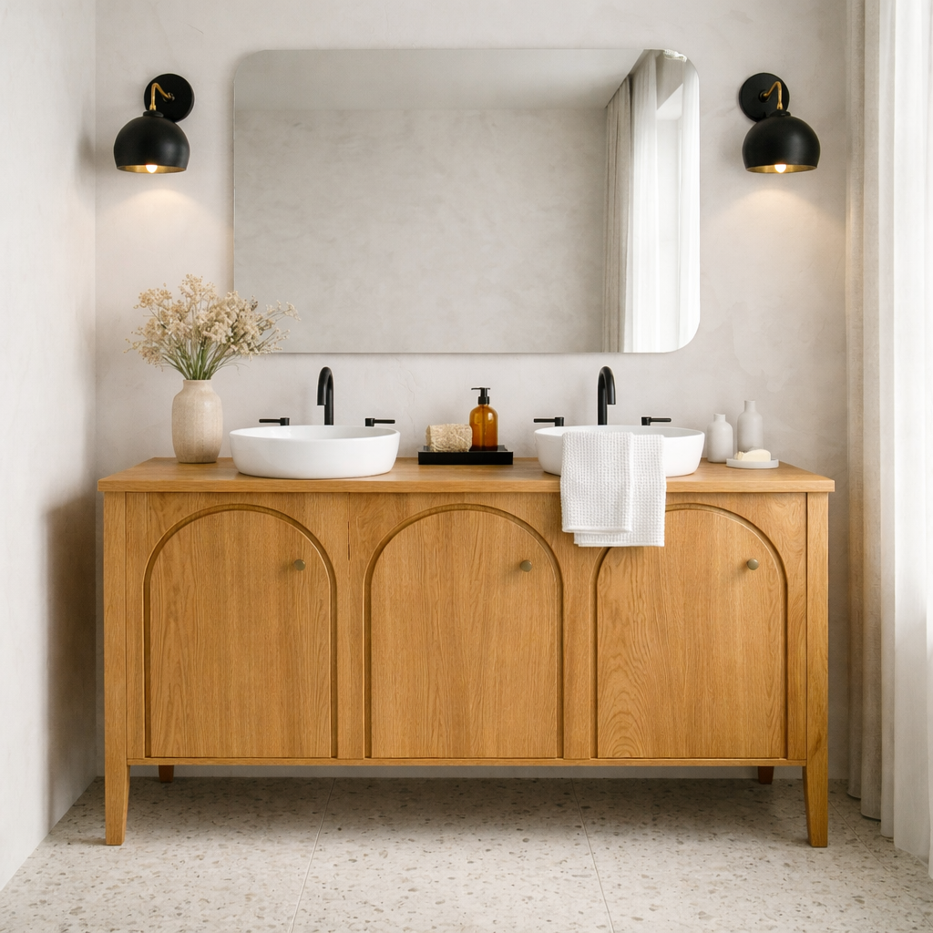 Handcrafted Triple Arch Double Vanity - Solid Wood Freestanding Modern Bathroom Cabinet