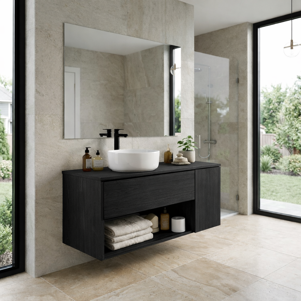 Floating Bathroom Vanity with Drawer and Open Shelf Storage Solid Wood Cabinet