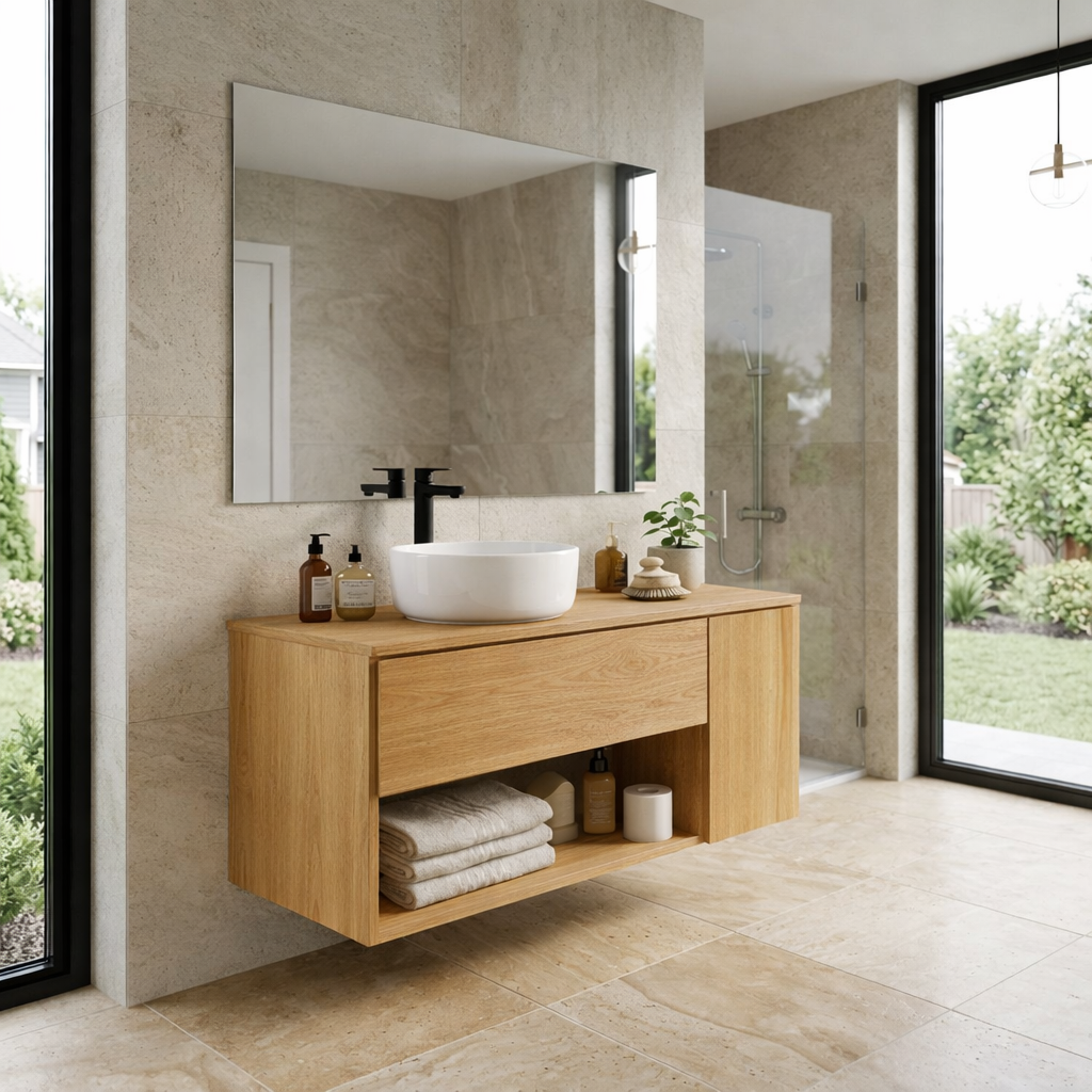 Floating Bathroom Vanity with Drawer and Open Shelf Storage Solid Wood Cabinet