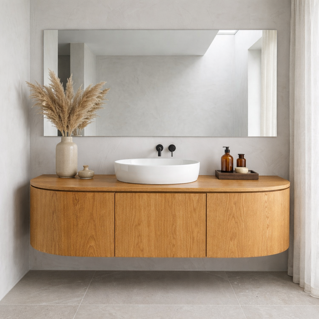 Curved Edge Floating Bathroom Vanity with Rounded Side Cabinets and Hidden Storage
