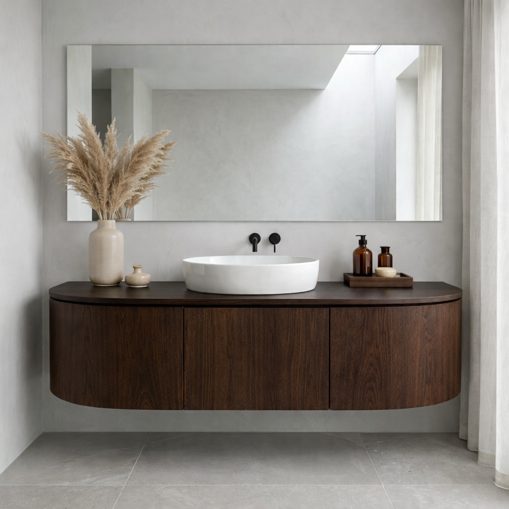 Curved Edge Floating Bathroom Vanity with Rounded Side Cabinets and Hidden Storage