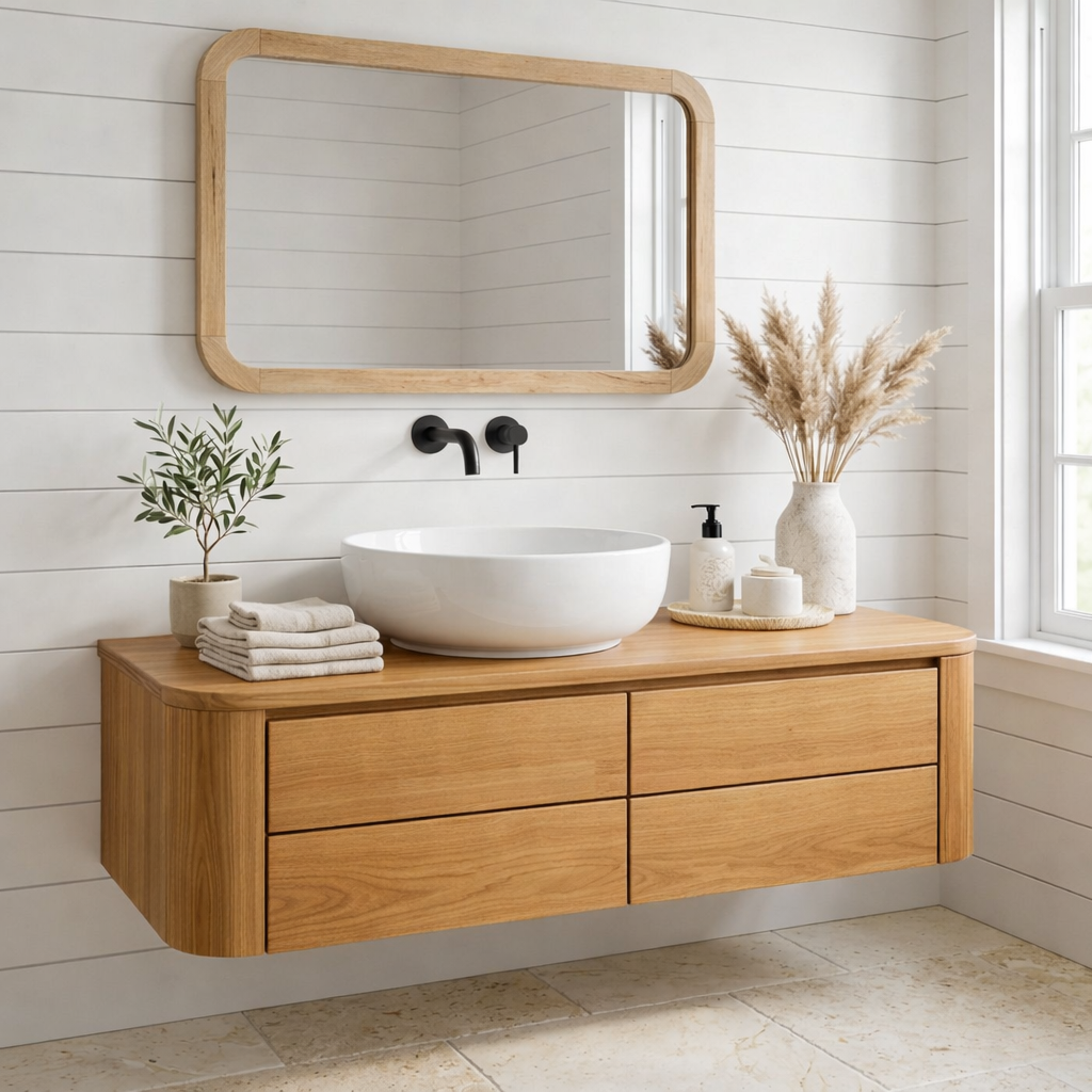 Floating Bathroom Vanity with Rounded Edges and Four Drawer Storage Cabinet