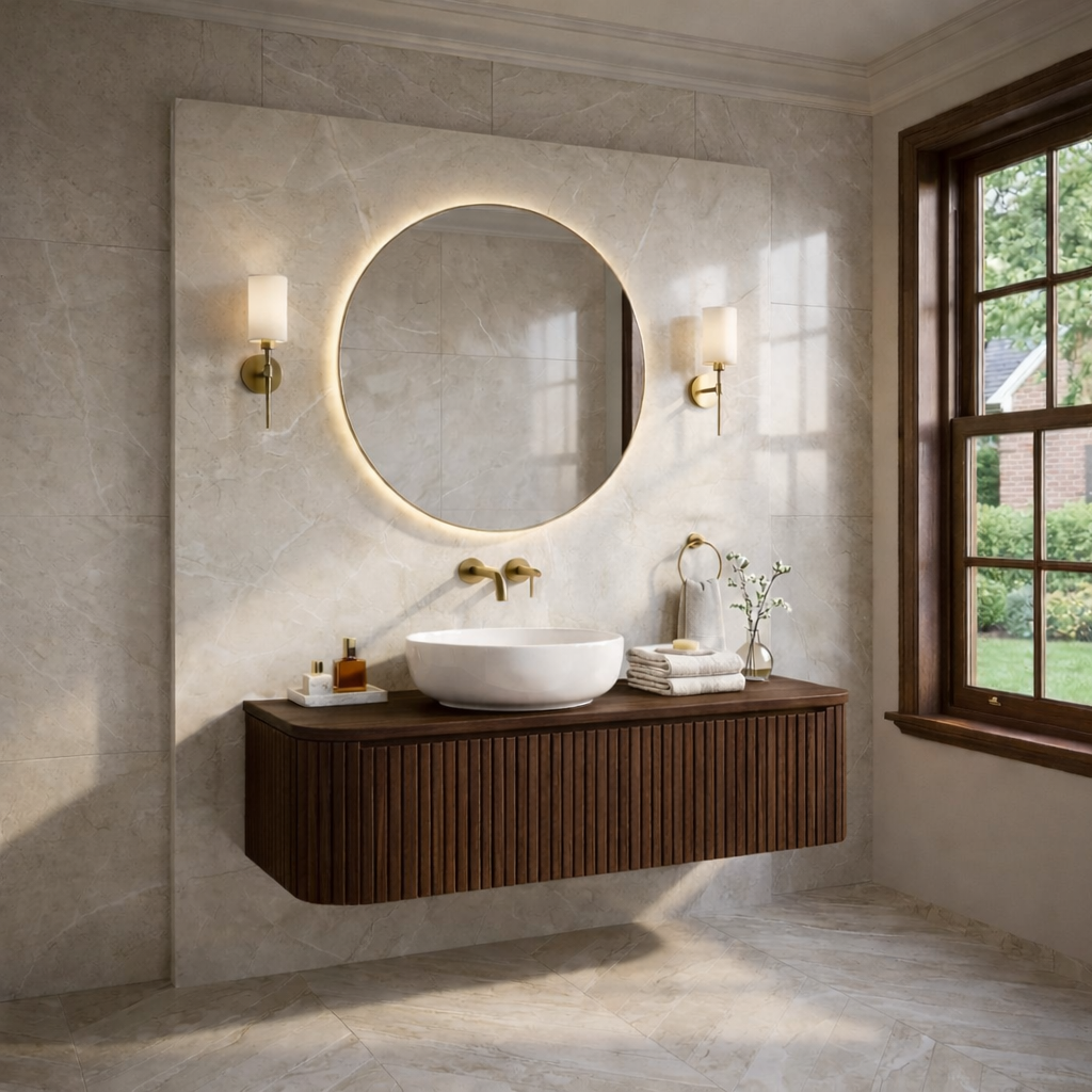 Floating Bathroom Vanity with Fluted Wood Panels and Rounded Edge Design