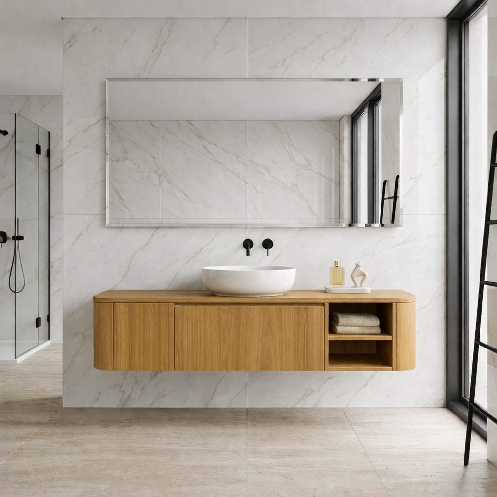 Floating Bathroom Vanity with Rounded Side Panel and Open Shelf Storage Cabinet