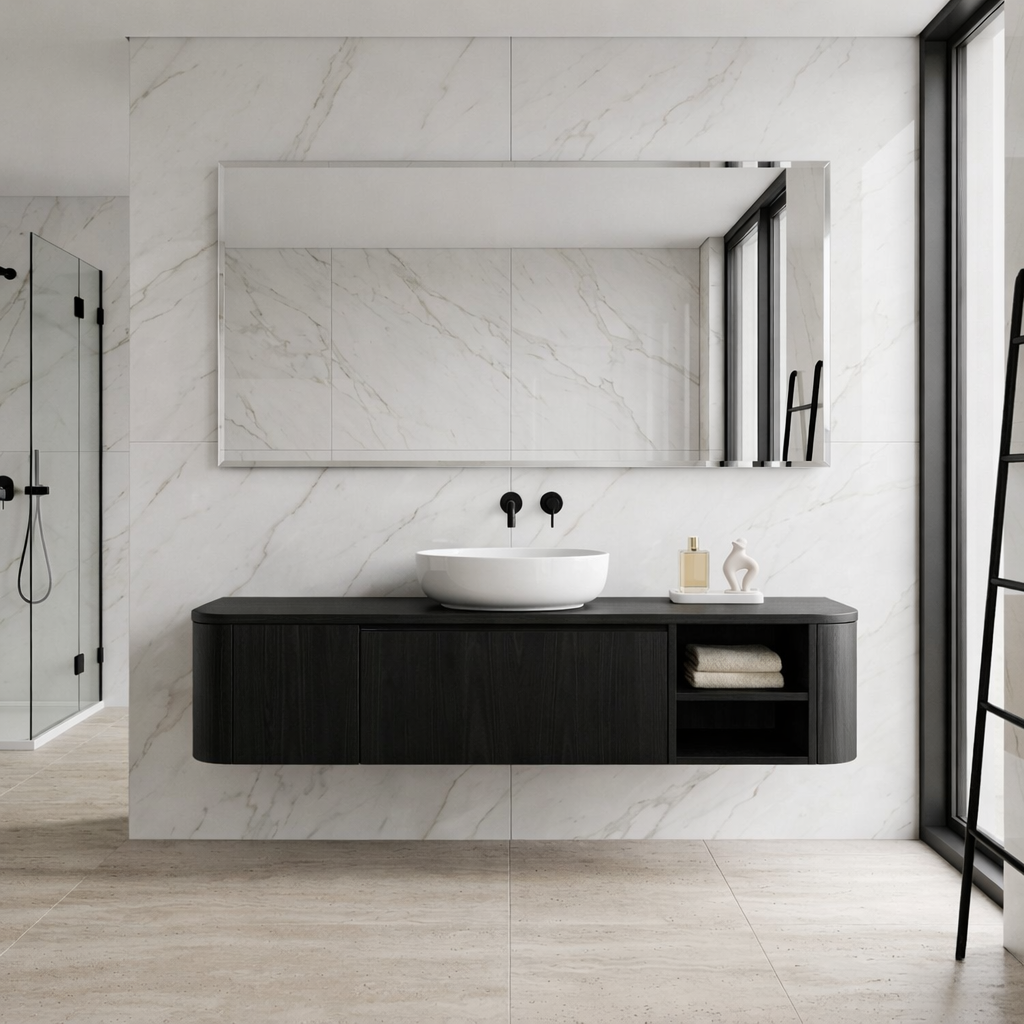 Floating Bathroom Vanity with Rounded Side Panel and Open Shelf Storage Cabinet