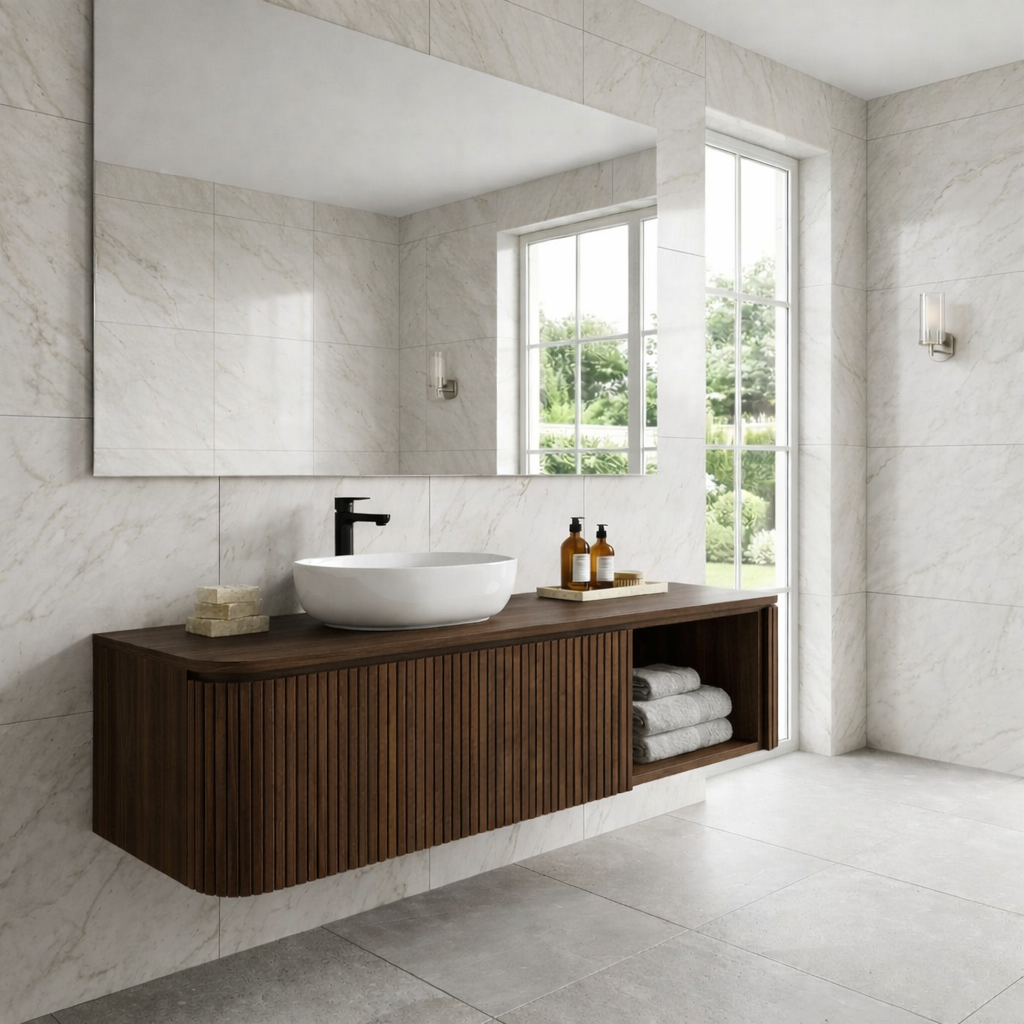 Floating Bathroom Vanity with Fluted Wood Front and Open Shelf Storage