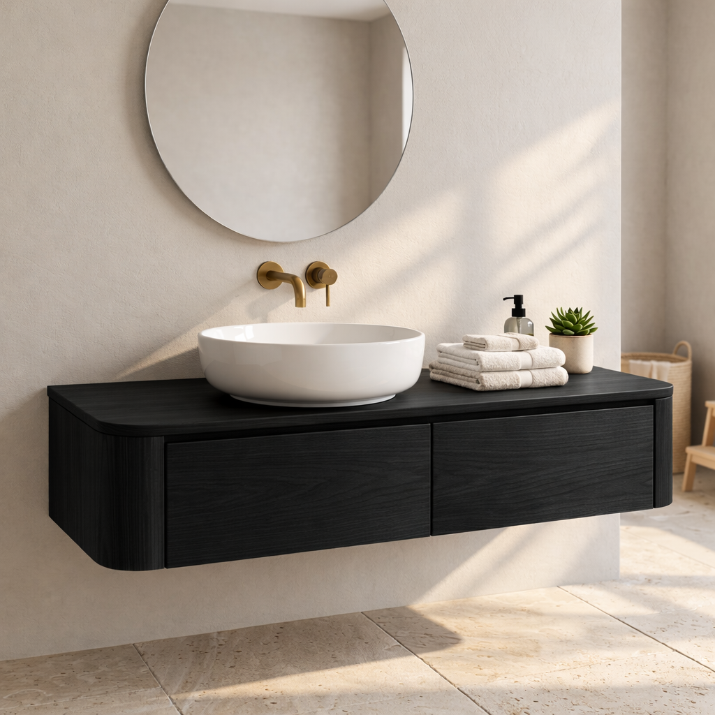 Floating Bathroom Vanity with Rounded Corners and Two Drawer Storage Cabinet