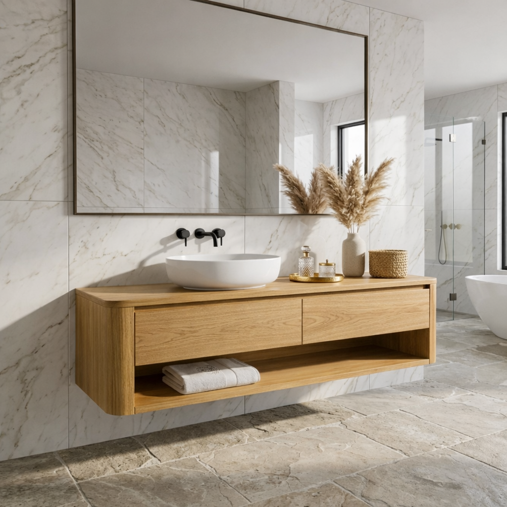 Floating Bathroom Vanity with Two Drawers and Open Shelf Storage Design