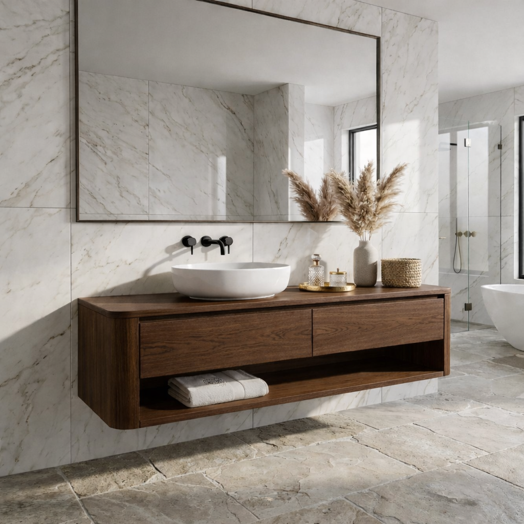 Floating Bathroom Vanity with Two Drawers and Open Shelf Storage Design