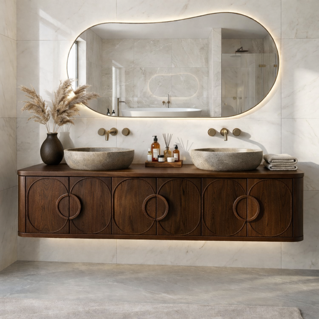 Floating Bathroom Vanity with Circular Carved Doors and Sculptural Ring Handles