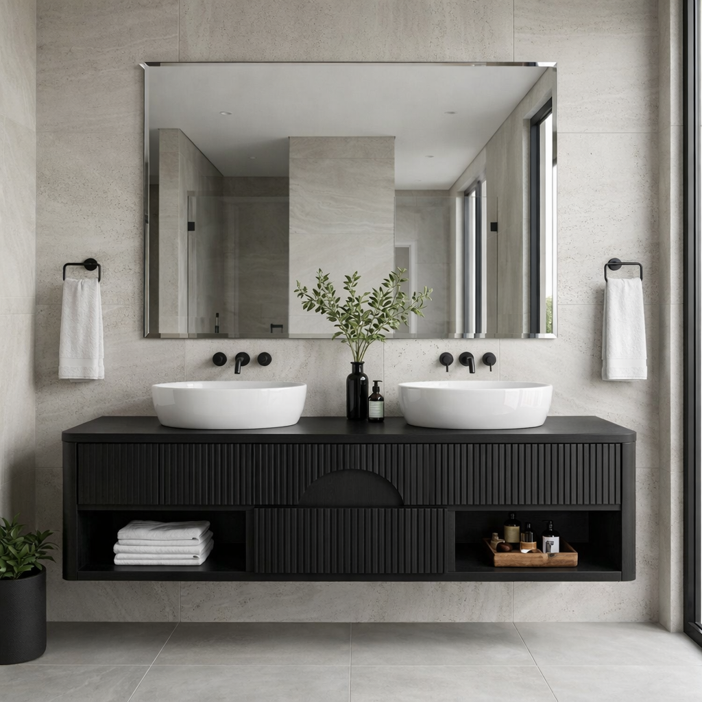 Floating Bathroom Vanity with Fluted Wood Front and Center Arch Drawer Design