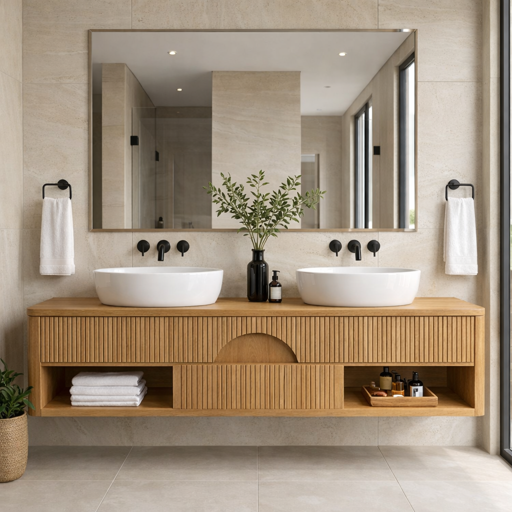Floating Bathroom Vanity with Fluted Wood Front and Center Arch Drawer Design