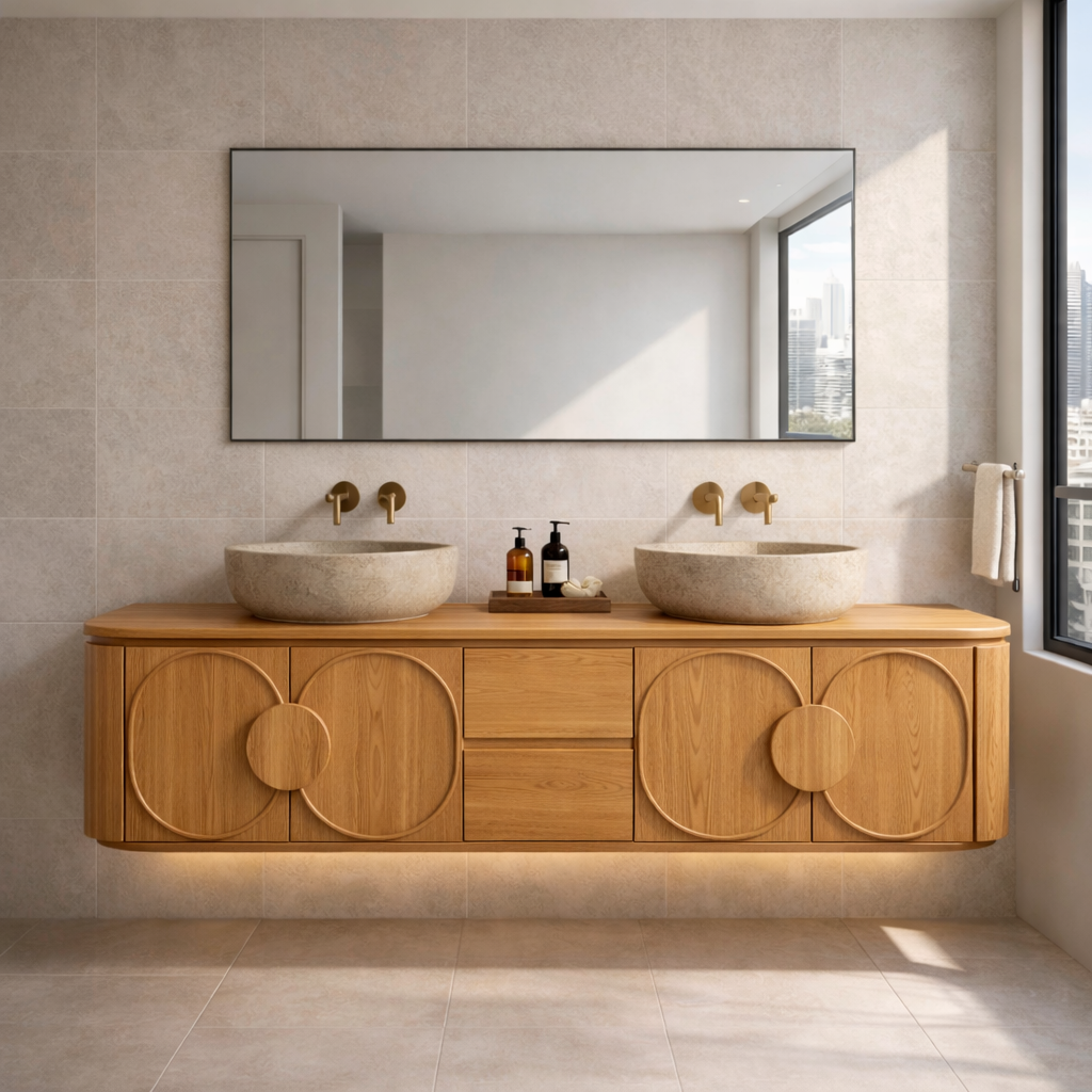 Floating Bathroom Vanity with Circular Panel Doors and Center Drawer Storage