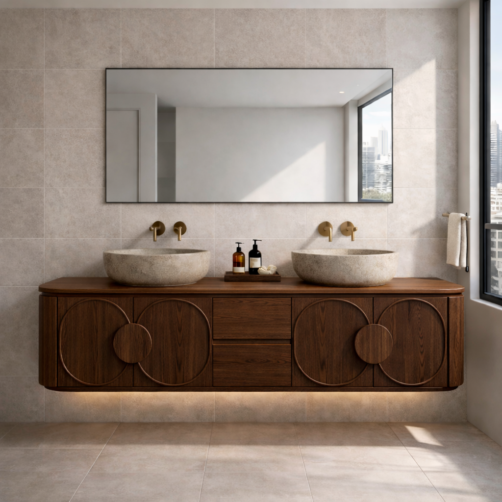 Floating Bathroom Vanity with Circular Panel Doors and Center Drawer Storage