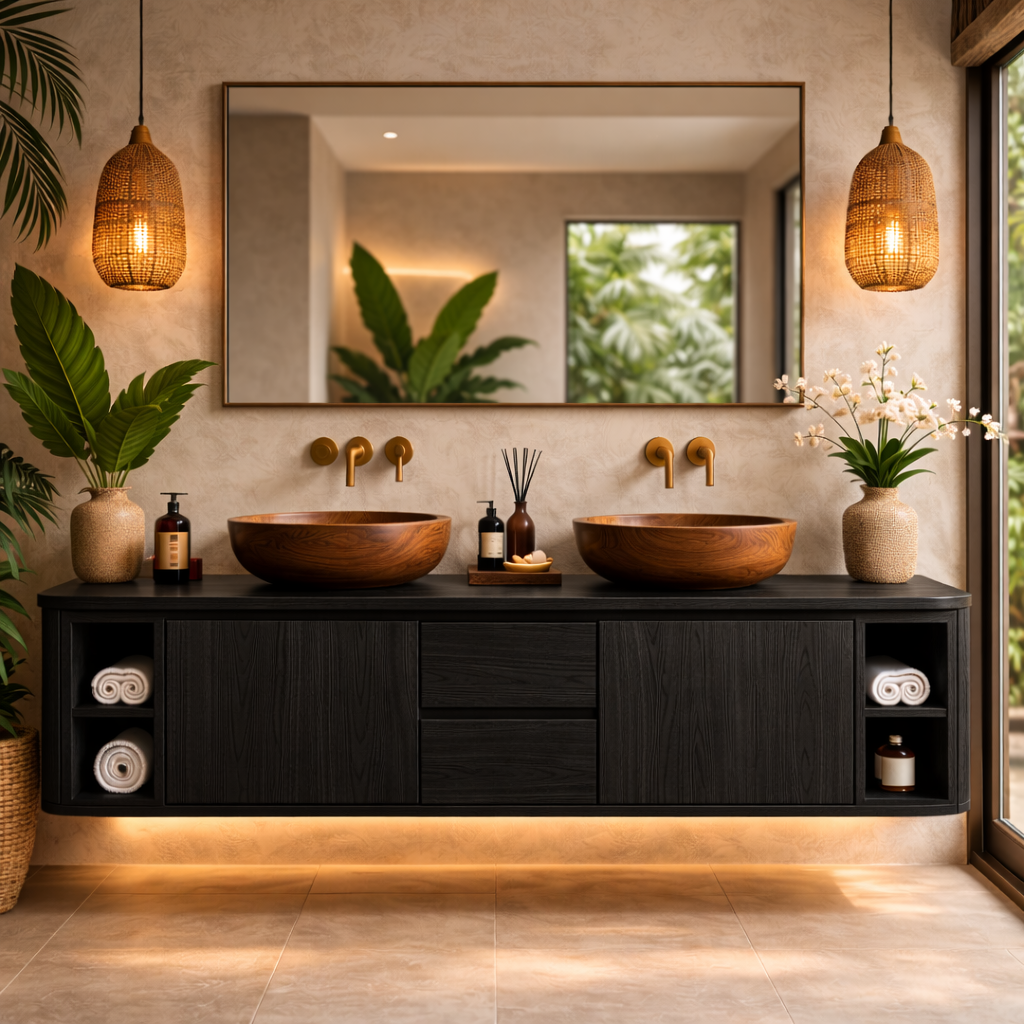 Solid Wood Floating Bathroom Vanity with Center Drawers and Open Side Shelves Storage Design