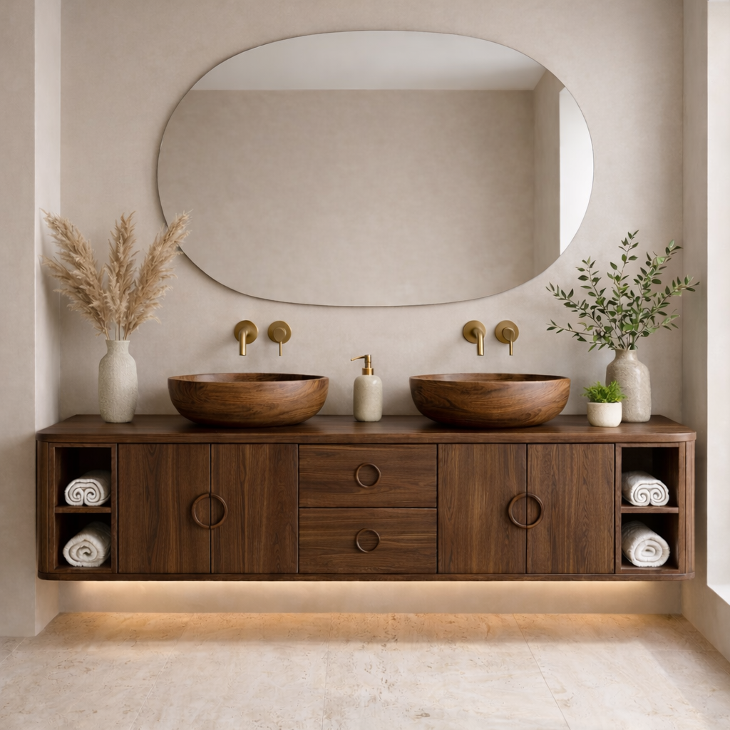 Floating Bathroom Vanity with Circle Handle Cabinets Center Drawers and Open Shelf Storage