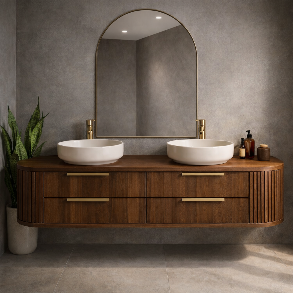Floating Bathroom Vanity with Fluted Side Panels and Four Drawer Storage Design