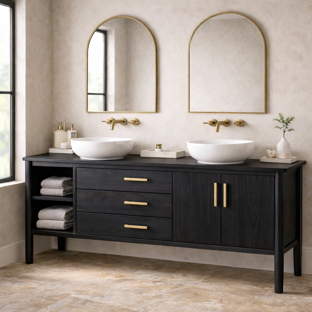 Solid Wood Bathroom Vanity with Open Shelf, Three Drawers and Double Door Cabinet