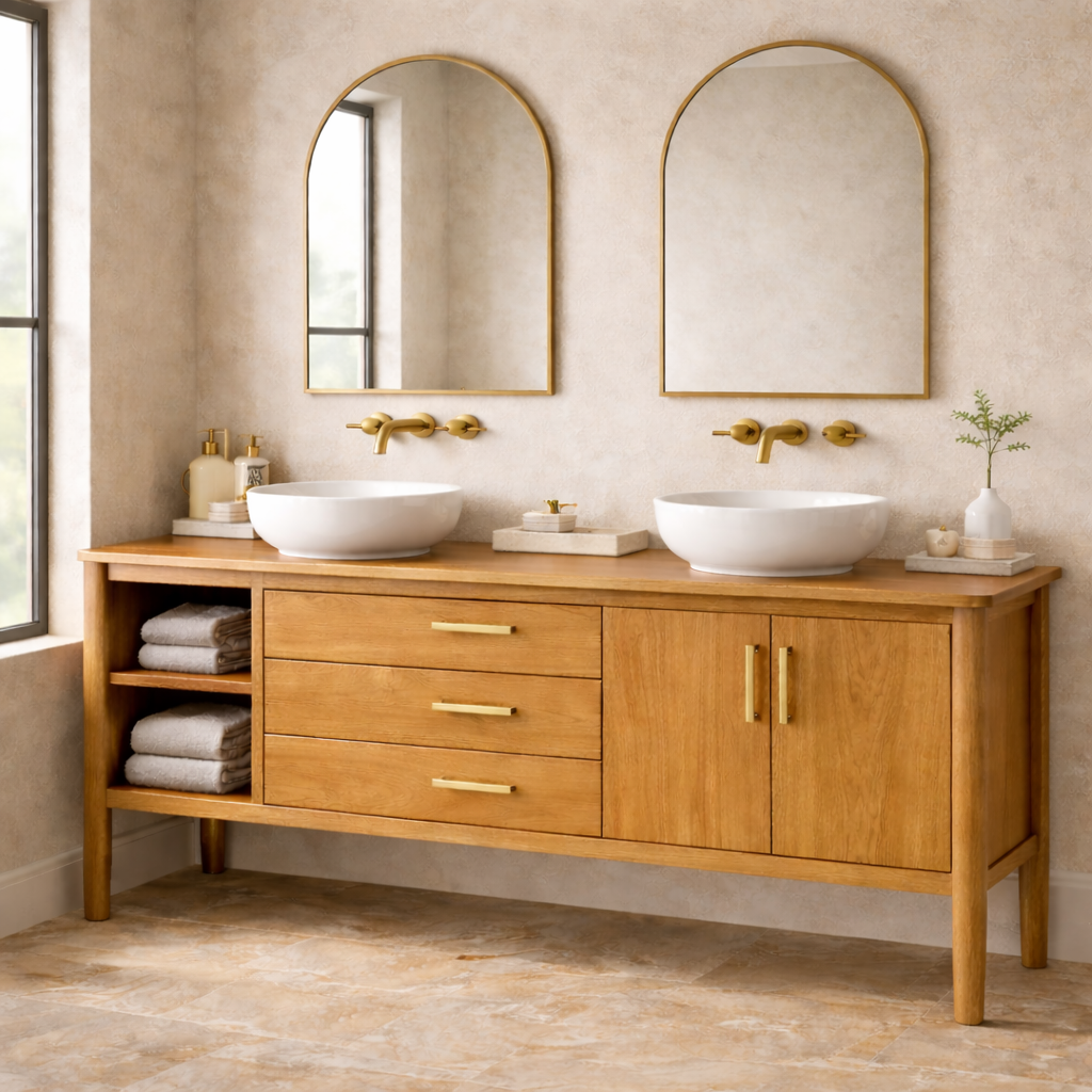 Solid Wood Bathroom Vanity with Open Shelf, Three Drawers and Double Door Cabinet