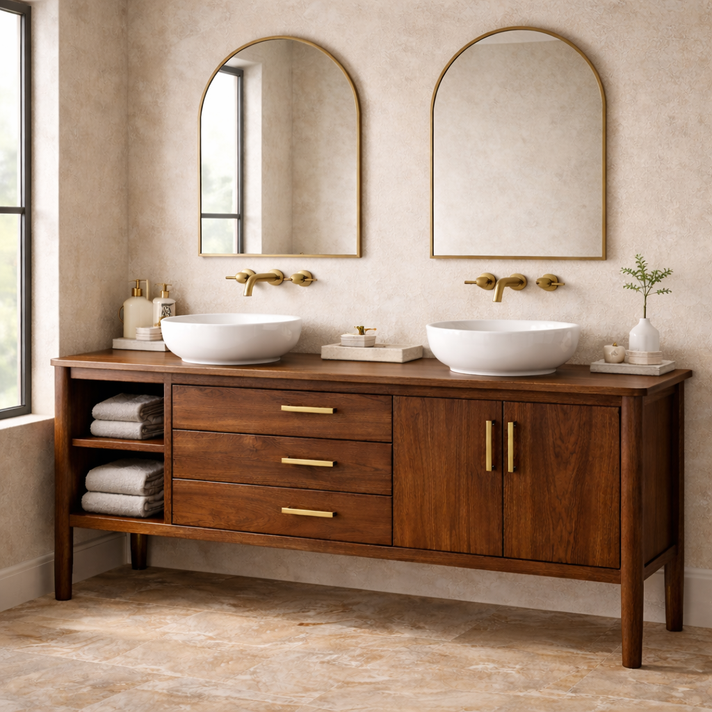 Solid Wood Bathroom Vanity with Open Shelf, Three Drawers and Double Door Cabinet