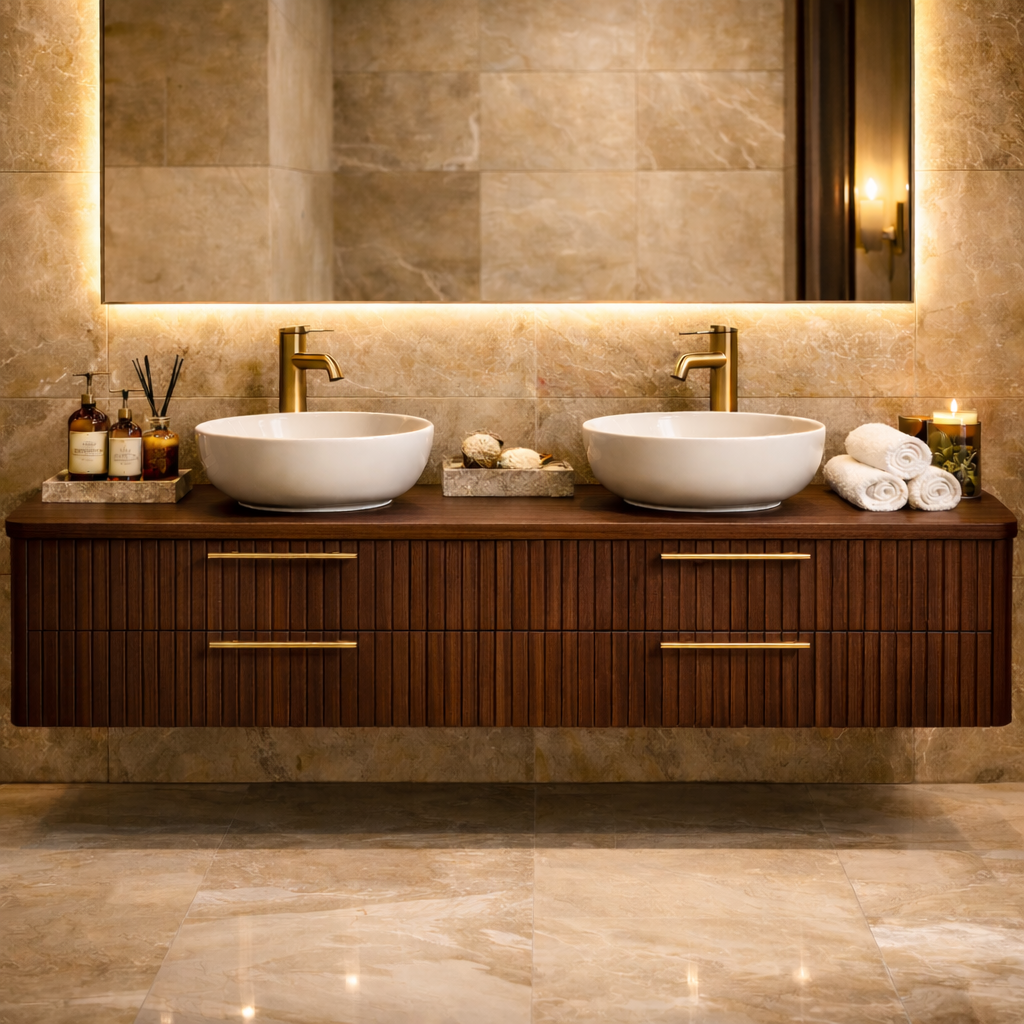 Floating Bathroom Vanity with Fluted Wood Front and Four Drawer Storage Design