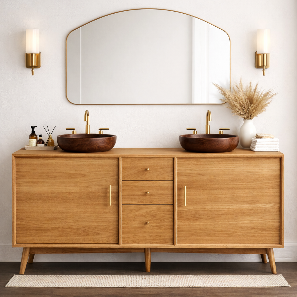 Solid Wood Bathroom Vanity with Mid Century Legs, Center Drawers and Double Cabinet Doors