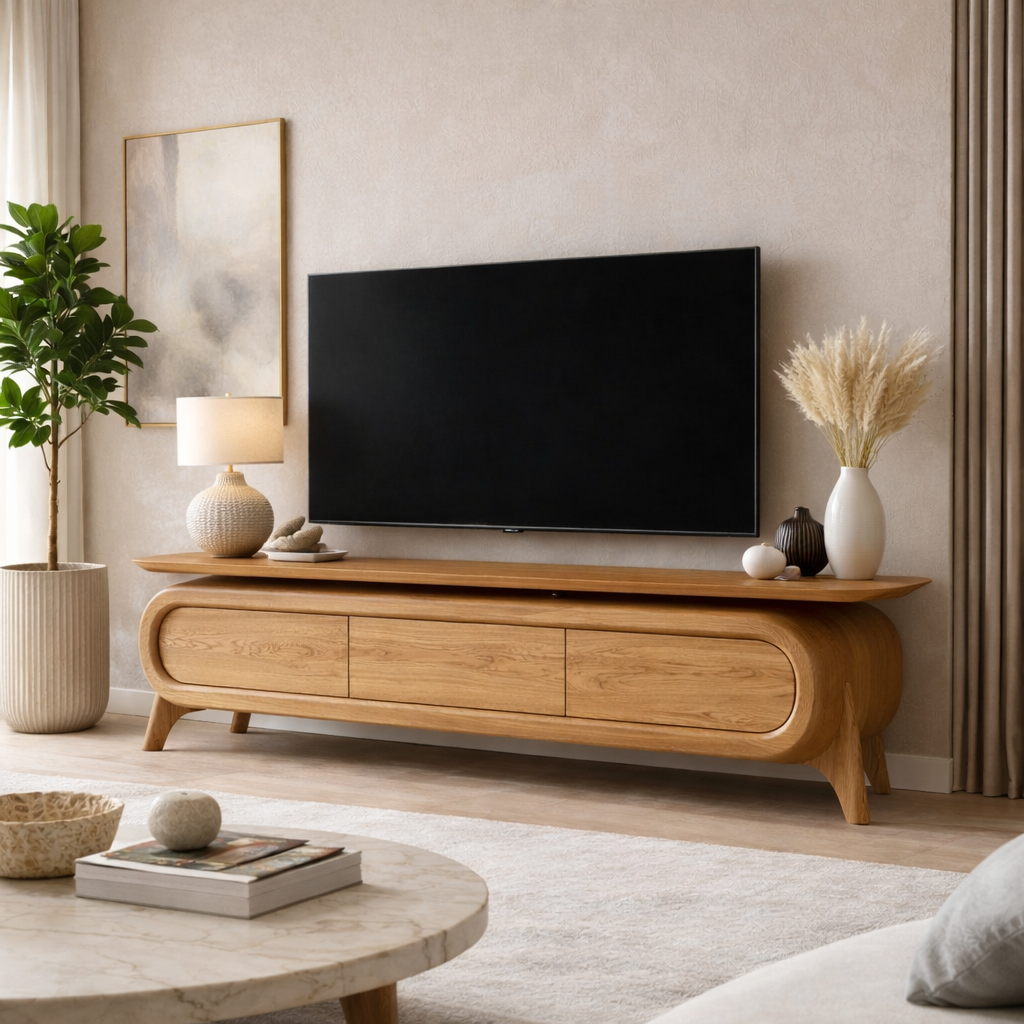 Solid Wood TV Stand with Rounded Frame Design and Three Drawer Media Storage