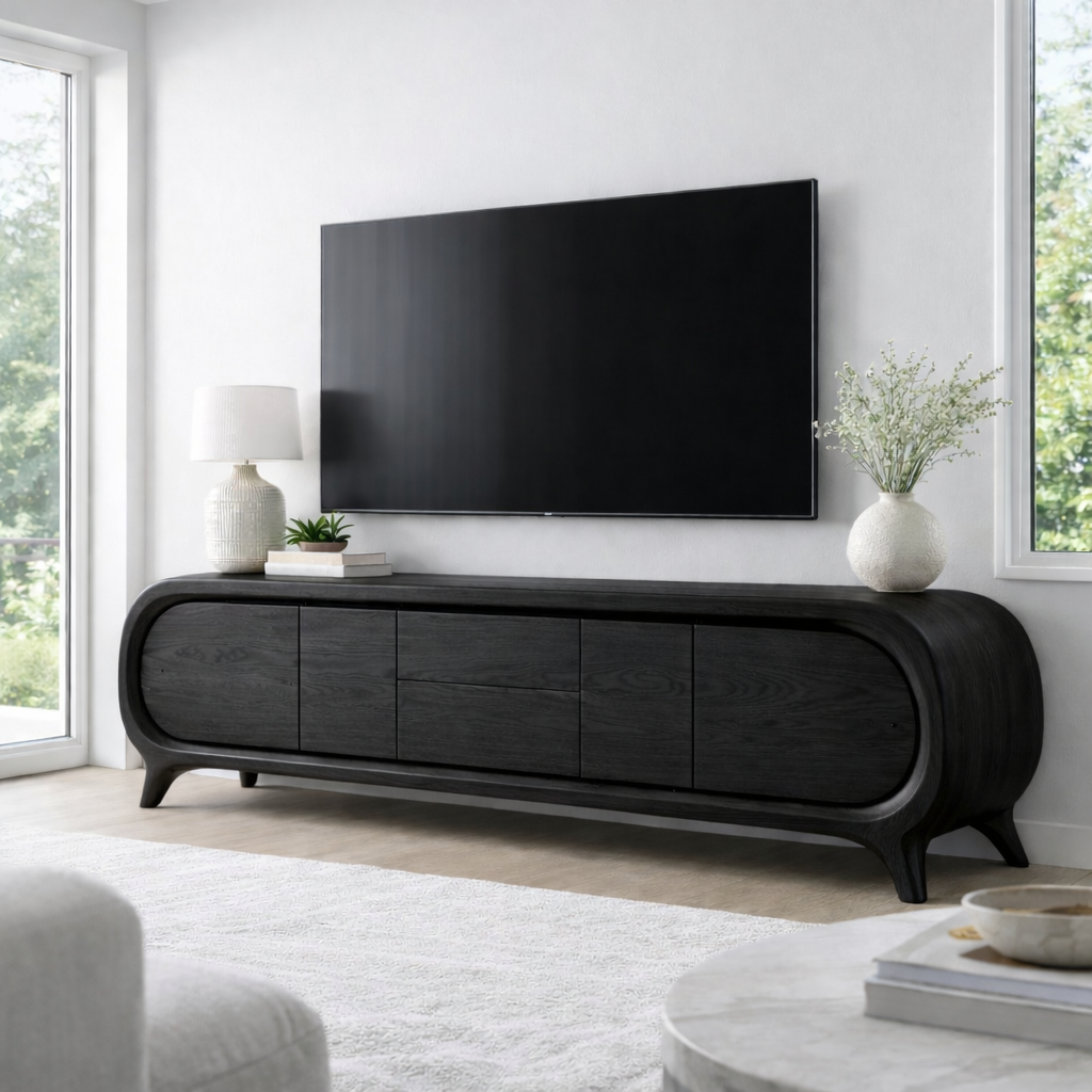 Solid Wood TV Stand with Rounded Edge Frame and Multi Door Media Storage Cabinet
