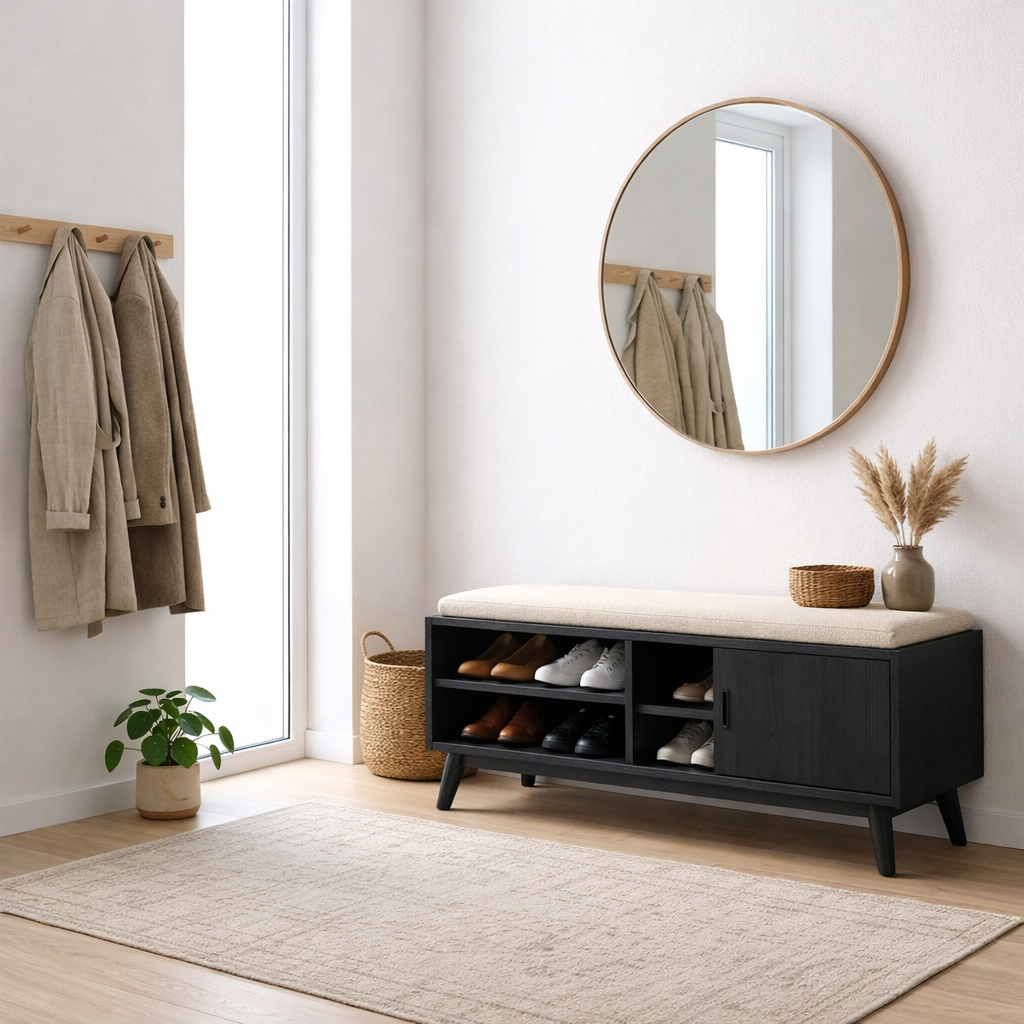 Solid Wood Shoe Storage Bench with Open Shelves and Side Cabinet Entryway Bench