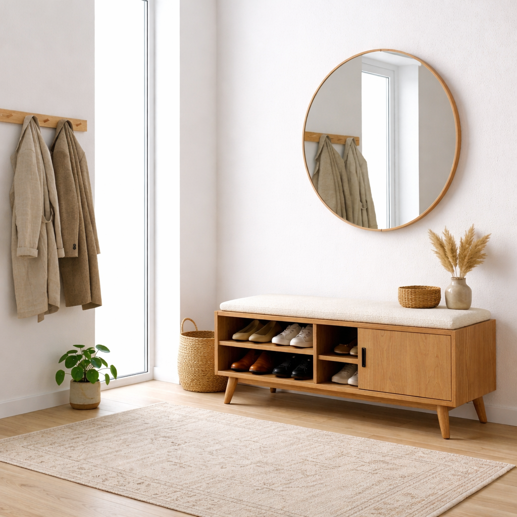 Solid Wood Shoe Storage Bench with Open Shelves and Side Cabinet Entryway Bench