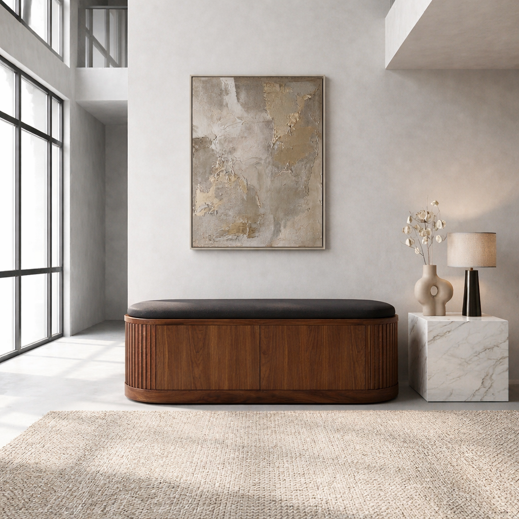Solid Wood Shoe Storage Bench with Fluted Sides and Hidden Cabinet Entryway Bench