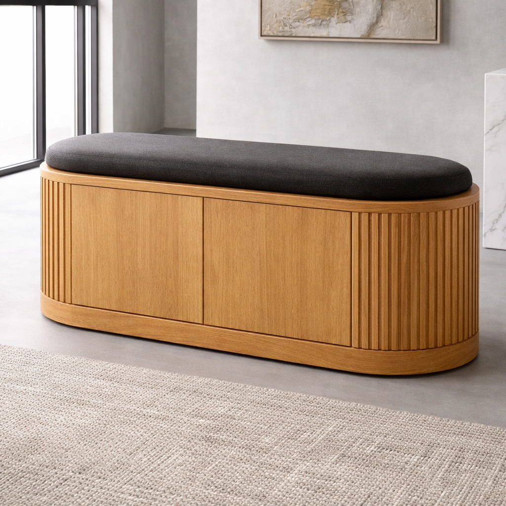 Solid Wood Shoe Storage Bench with Fluted Sides and Hidden Cabinet Entryway Bench
