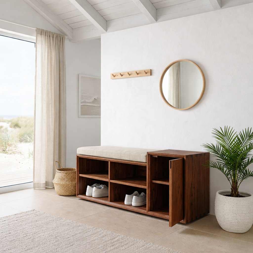 Solid Wood Shoe Storage Bench with Open Shelves & Side Cabinet – Entryway Shoe Bench