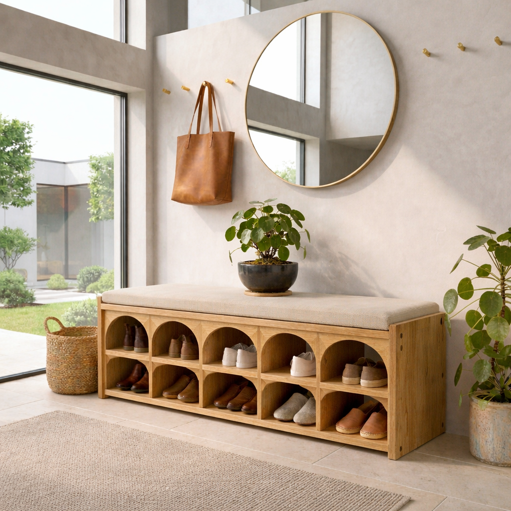 Solid Wood Shoe Storage Bench with Arched Cubby Shelves – Entryway Shoe Bench