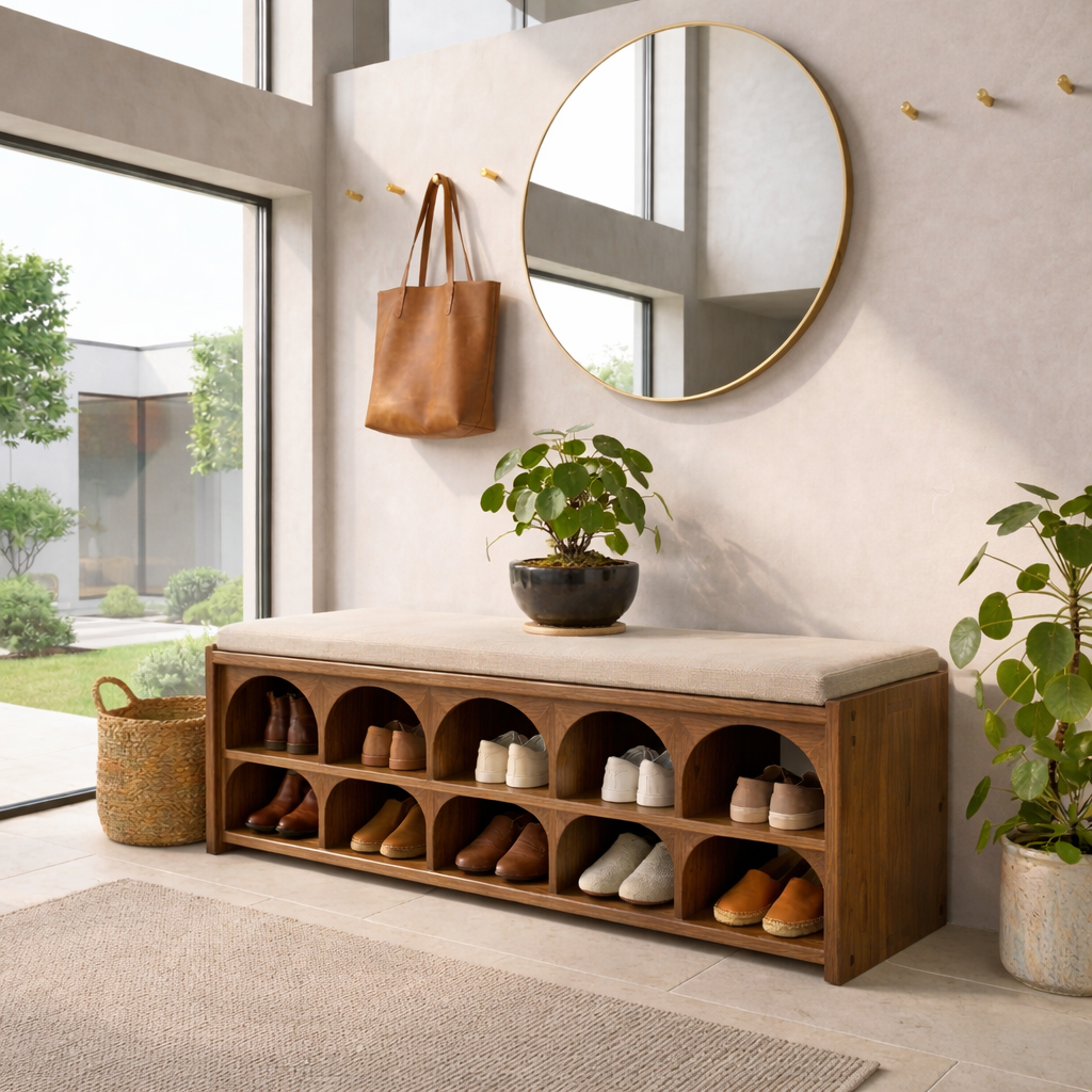Solid Wood Shoe Storage Bench with Arched Cubby Shelves – Entryway Shoe Bench