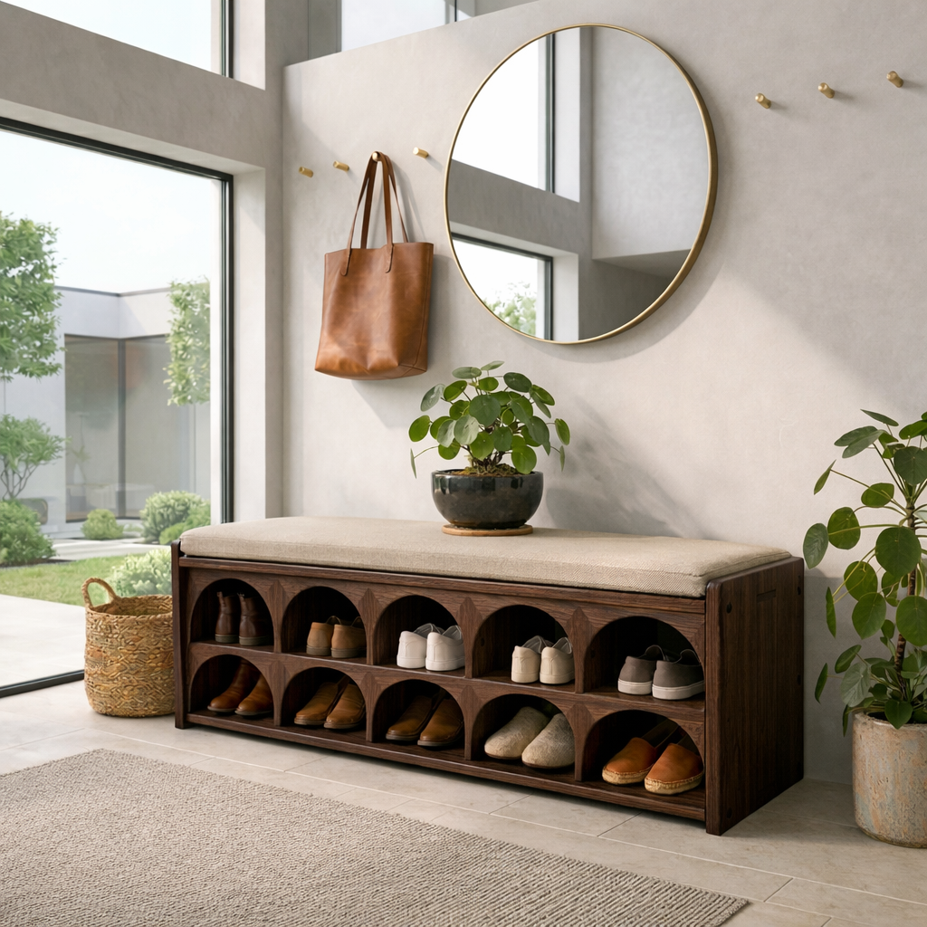 Solid Wood Shoe Storage Bench with Arched Cubby Shelves – Entryway Shoe Bench